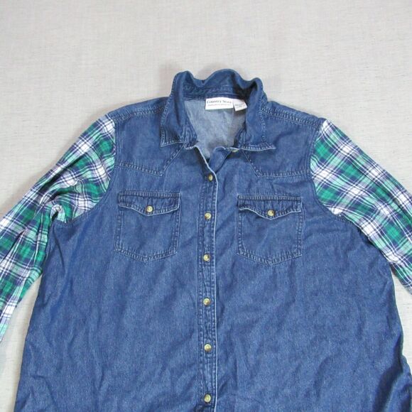 Country Store Top Womens 2X Blue Green Button Plaid Denim Shirt Western Rancher - Picture 3 of 8